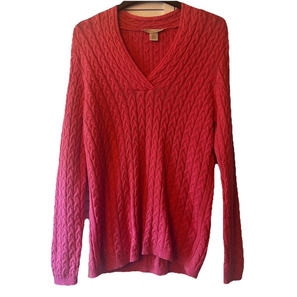 Jillian Nicole Women Pink Cable Knit V-Neck Cotton Sweater 1X Preppy Minimalist